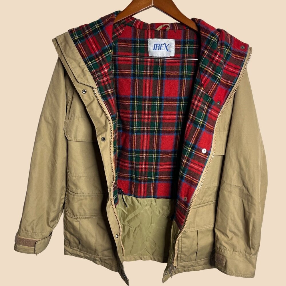 ibex Jacket Hoodie Beige Cotton Nylon Lining Zip Around Pockets Adjustable Plaid - Picture 2 of 9